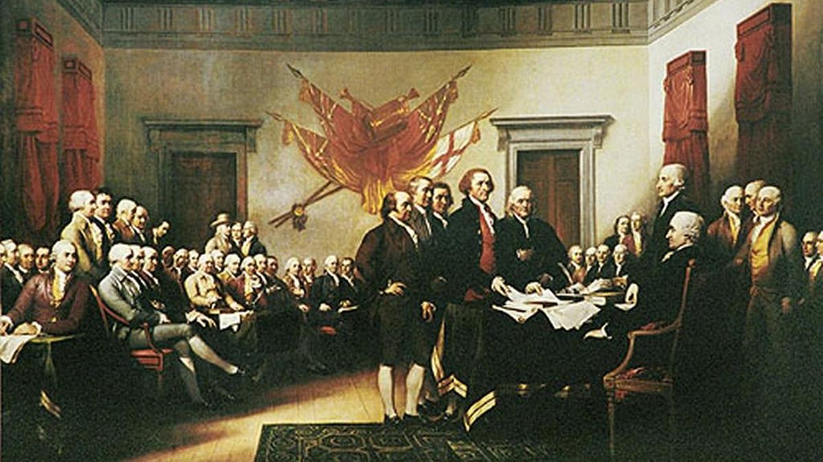 John Trumbull's Declaration of Independence is a 12-by-18-foot oil-on-canvas painting in the United States Capitol Rotunda. Created somewhere around 1817, it depicts the presentation of the draft of the Declaration of Independence to Congress.