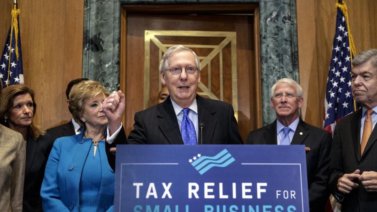 Senate Majority Leader Mitch McConnell, R-Ky., joined by, from left, Small Business Administration Administrator Linda McMahon, Sen. Roger Wicker, R-Miss., and Sen. Roy Blunt, R-Mo., speaks to a group of small business owners Nov. 30 as Republicans work to pass their sweeping tax bill, a blend of generous tax cuts for businesses and more modest tax cuts for families and individuals.