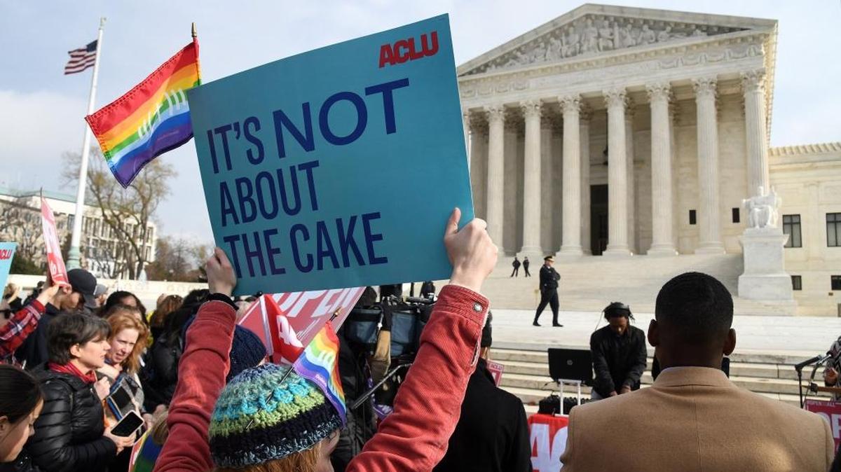 Protesters gather at the Supreme Court building on Dec. 5, the day the court heard the Masterpiece Cakeshop v. Colorado Civil Rights Commission case.
