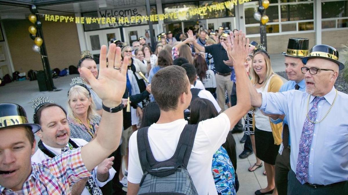 Capital High School teachers welcome their Boise students back to school with a Happy New Year party in August 2016.