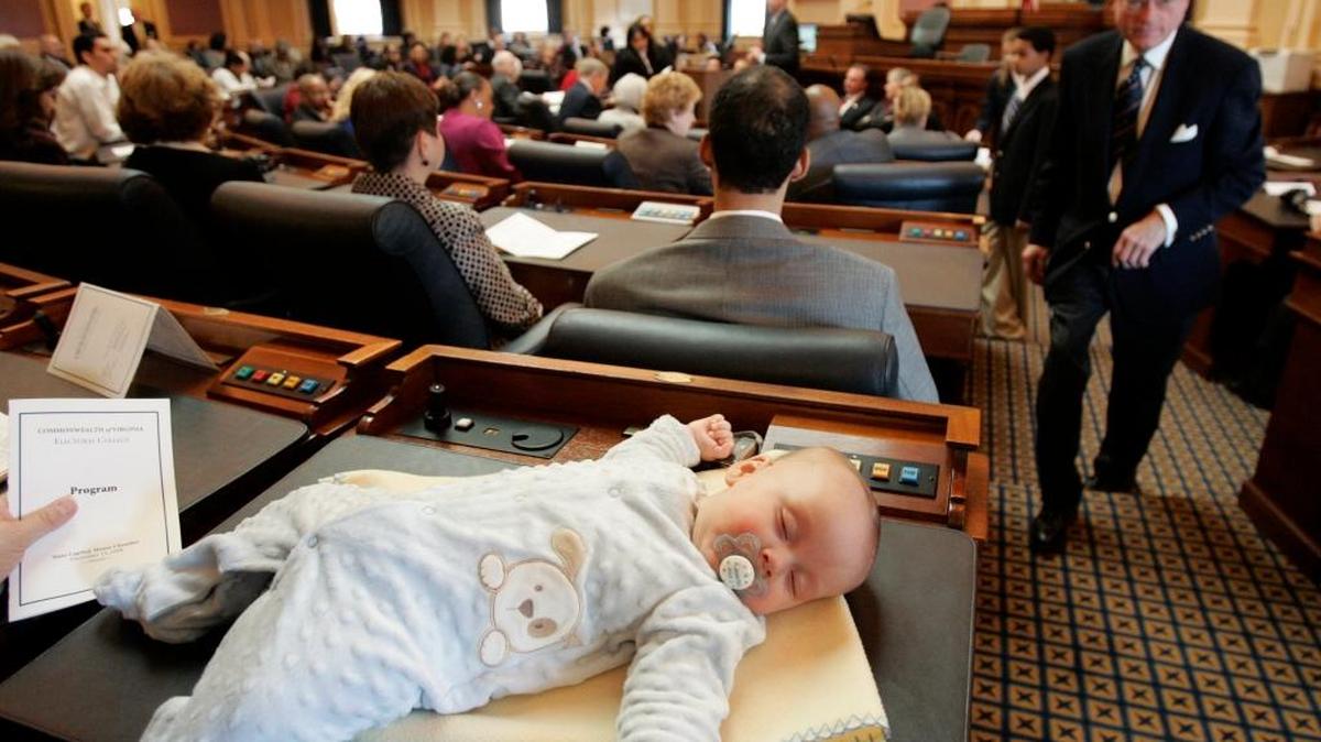 Joshua Jalin Musick, 4 months, of Honaker Va., takes a nap on a desk during the meeting of the Virginia Electoral College at the Capitol in Richmond, Va., Monday, Dec. 15, 2008. Joshua is the grandson of elector Robert Childress, of the ninth district. (AP)