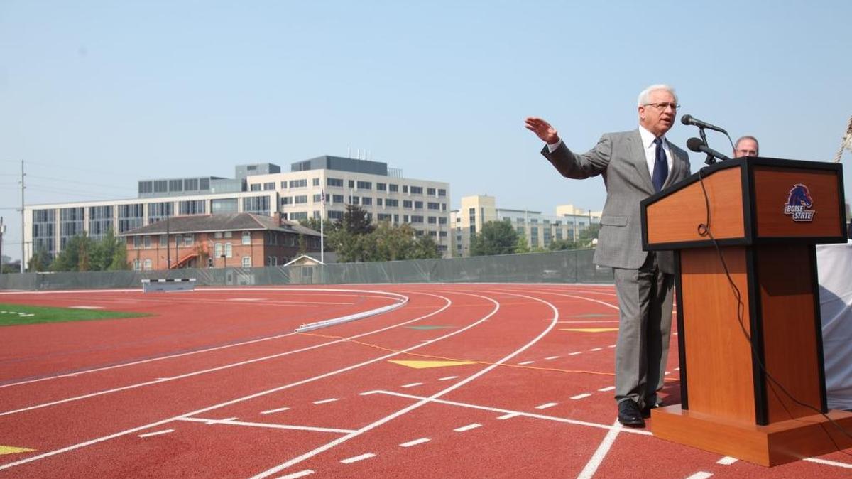 Boise State President Bob Kustra at the dedication of Dona Larsen Park in 2012.