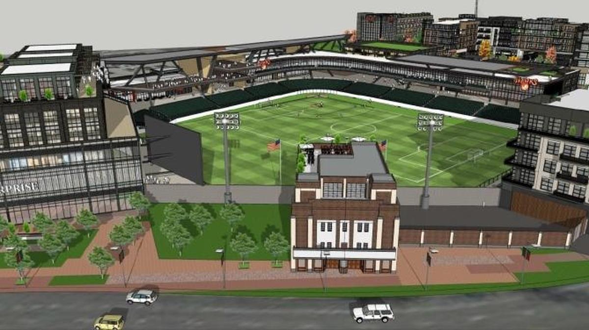 Rendering of a proposed sports stadium along Americana Boulevard in Boise.