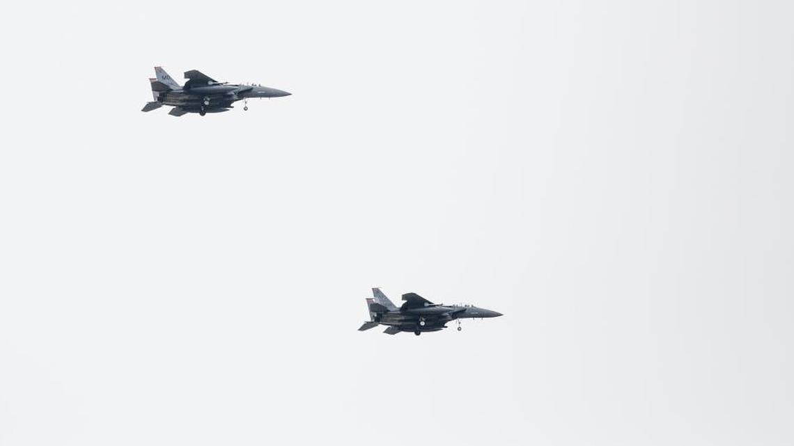A pair of F-15s fly over the airspace above Lucky Peak near Boise in February 2017.