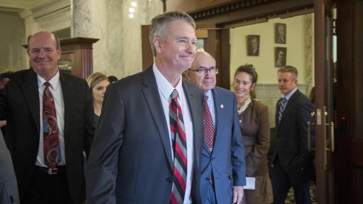 Gov. Brad Little leaves the House chambers after his inaugural State of the State address on Monday.