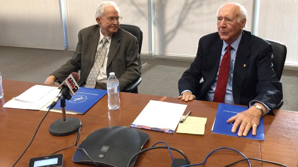 Former Idaho Governors Cecil Andrus, right, and Phil Batt, left, talk to reporters in 2015 in Boise, Idaho. Andrus said that an arrangement between Idaho Gov. C.L. Butch Otter and the U.S. Department of Energy to bring in 50 spent nuclear fuel rods to the Idaho National Laboratory for research would turn the state into a nuclear waste repository. (AP)