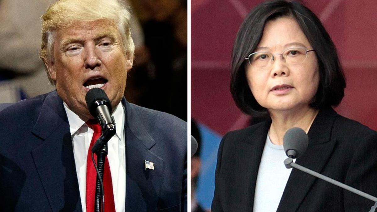This combination of two photos shows U.S. President-elect Donald Trump, left, speaking during a “USA Thank You” tour event in Cincinatti Thursday, Dec. 1, 2016, and Taiwan's President Tsai Ing-wen, delivering a speech during National Day celebrations in Taipei, Taiwan, Monday, Oct. 10, 2016. Trump spoke Friday, Dec. 2, with Tsai, a move that angered China. (AP)