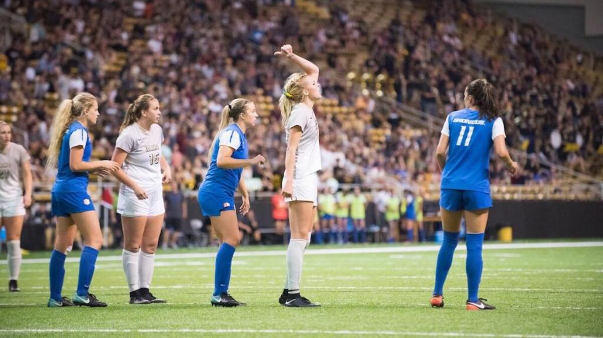 University of Idaho women’s soccer team (white uniforms) played Boise State in the Kibbie Dome in August 2017.