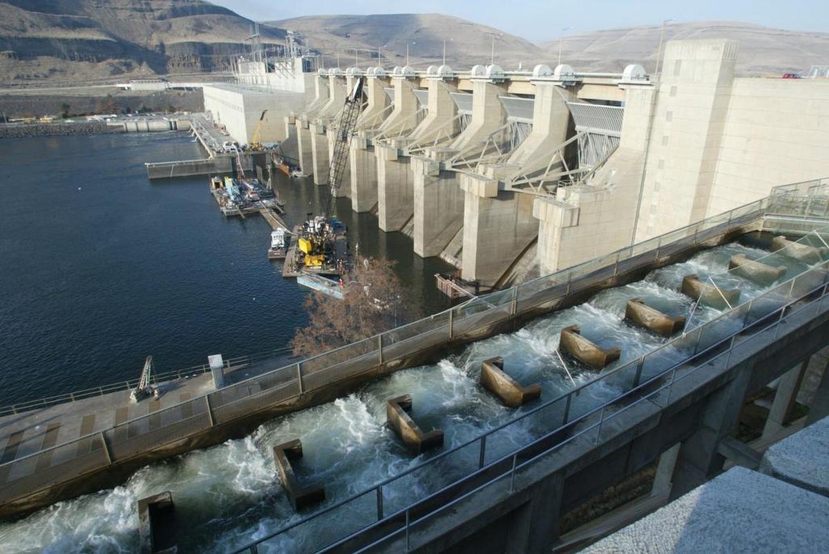 A fish ladder for salmon is in the foreground at Lower Monumental Dam on the Snake River in Washington.