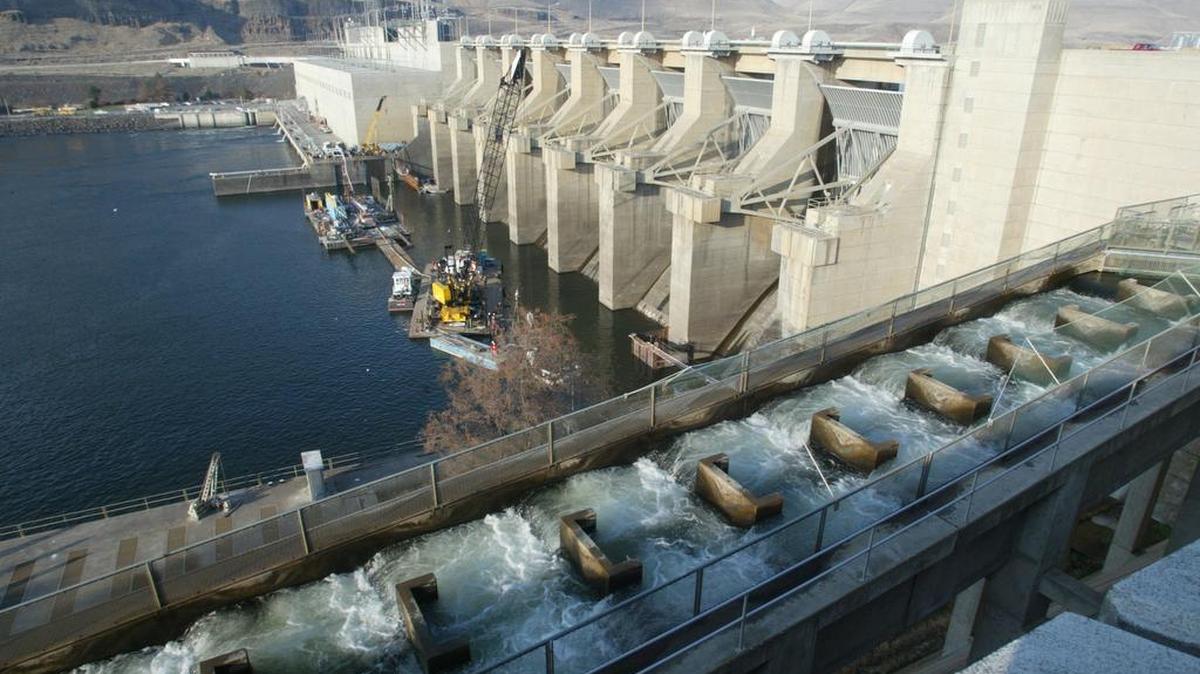 A fish ladder for salmon is in the foreground at Lower Monumental Dam on the Snake River in Washington.