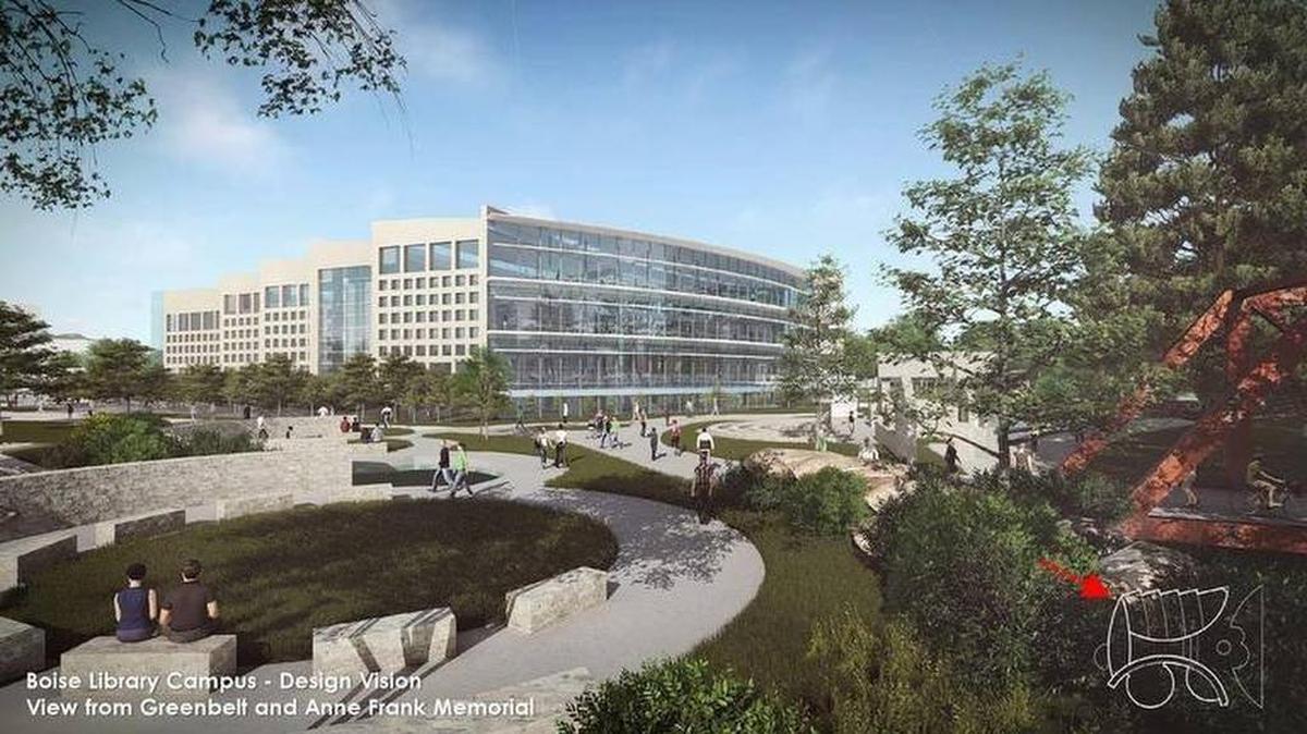 Plans for a new Downtown Boise library call for a south-facing wall of glass overlooking the Boise River and Greenbelt. It anticipates the removal of The Cabin.