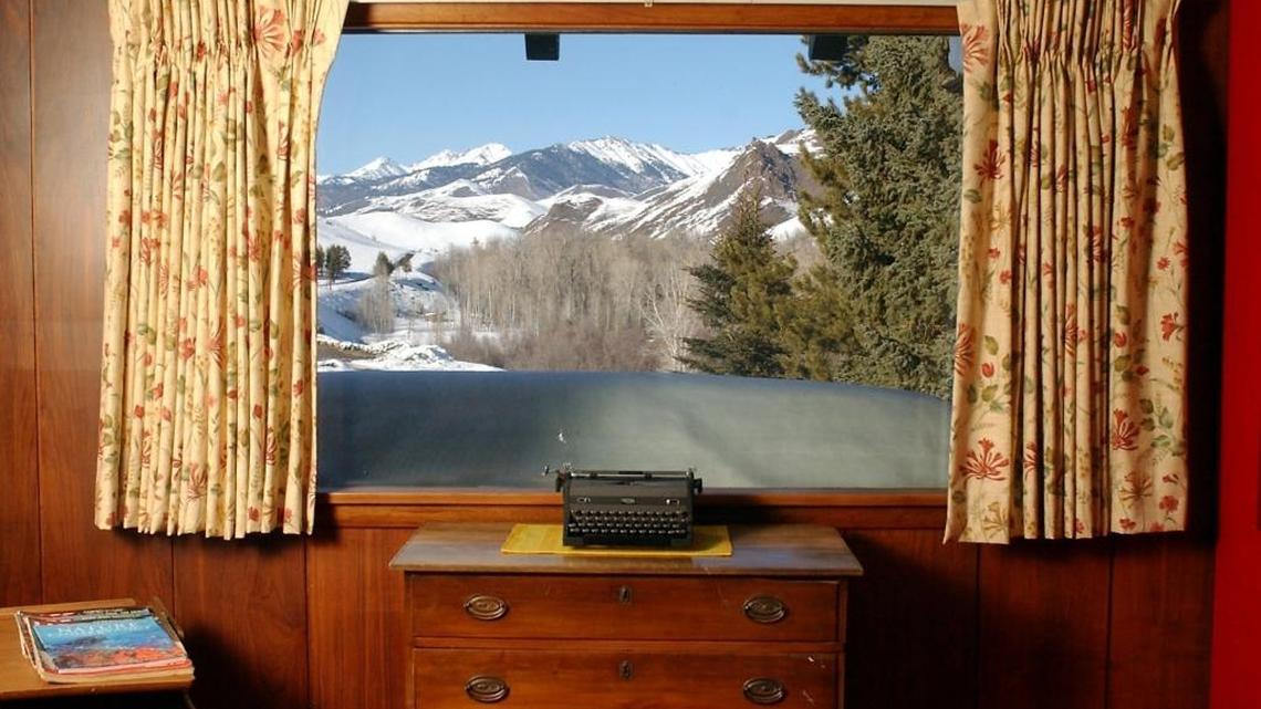 The bedroom where Ernest Hemingway stood at a tall desk to write has a view of the Boulder Mountains.
