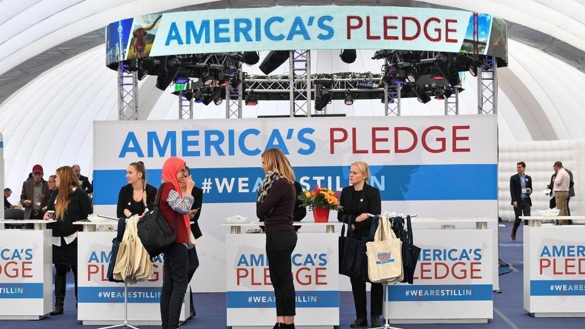 The U.S. Climate Action Center at the UN Climate Change Conference in Bonn, Germany, Nov. 9. The non-government movement “We are still in” established the pavilion and forum where American leaders will convene during the negotiations.