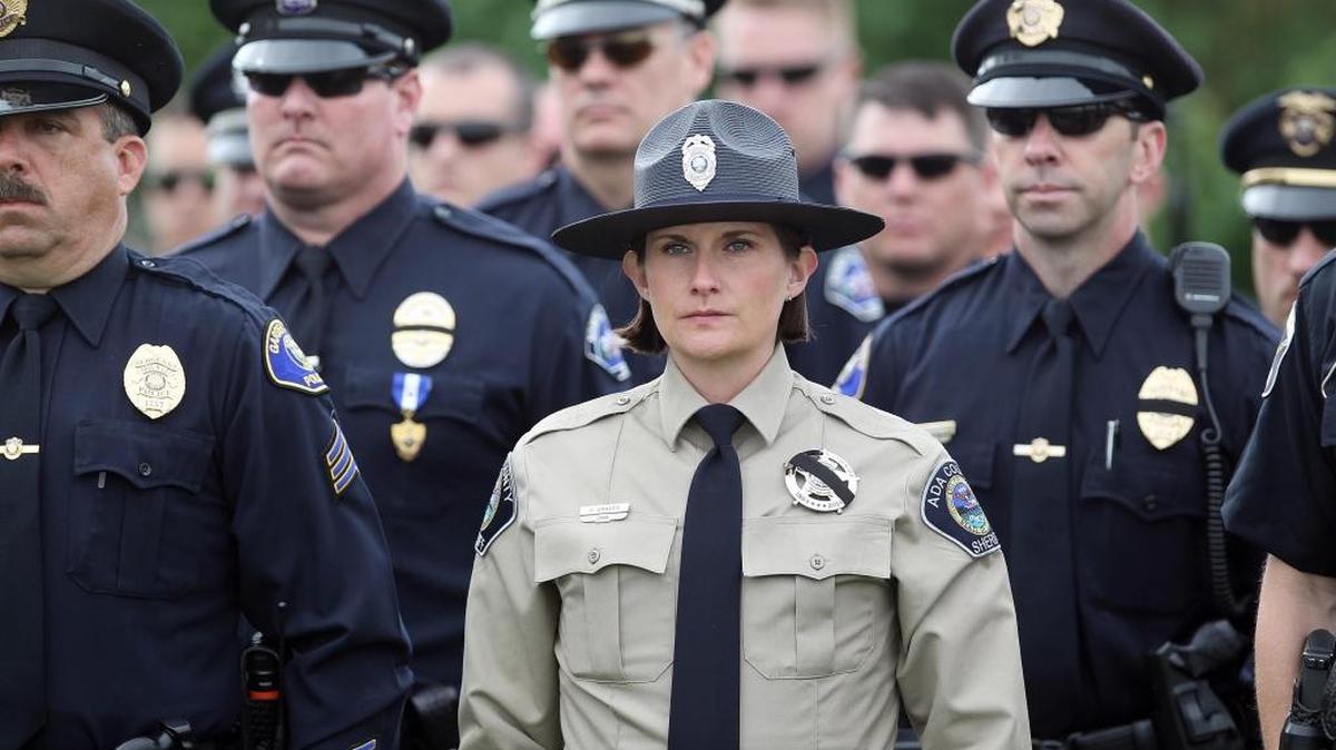 Idaho police officers stand at attention during the 17th annual Idaho Peace Officers' Memorial Ceremony held in Meridian, Idaho. May 14, 2015