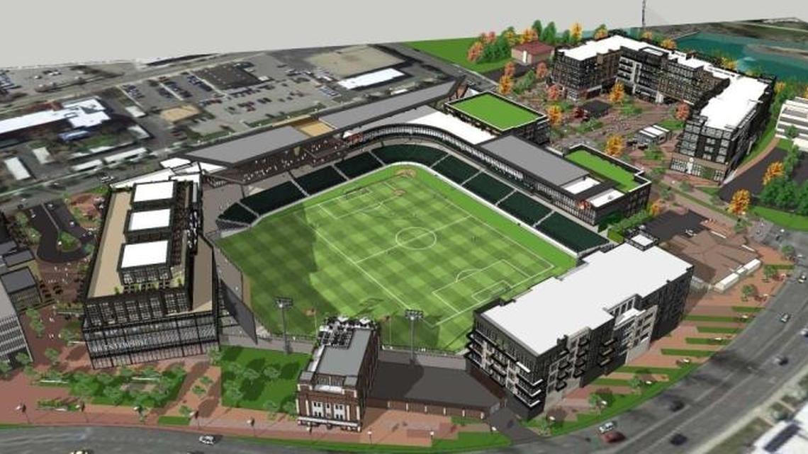 Rendering of the proposed Downtown Boise stadium, seen here looking southeast from above Americana Boulevard.