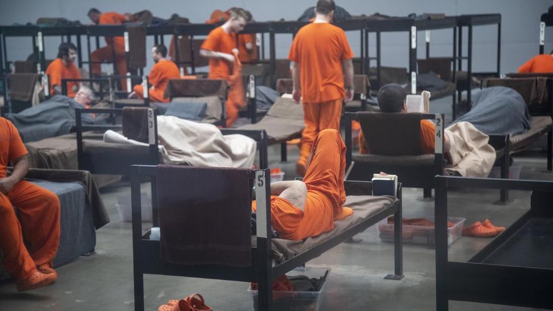 Initially intended to be temporary, the tent facility at the Canyon County jail houses 122 inmates in one space. Three deputies continuously patrol the unit.