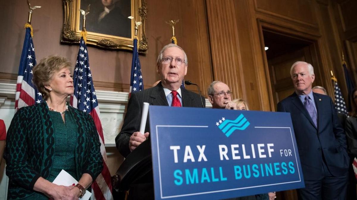 Senate Majority Leader Mitch McConnell, R-Ky., center, joined by, from left, Linda McMahon, administrator of the U.S. Small Business Administration, Sen. Jim Risch, R-Idaho, chairman of the Senate Small Business Committee, and Majority Whip John Cornyn, R-Texas. The four said the Republican tax plan will help small businesses. An Idaho Democratic legislator says the bill will hurt working Idahoans.