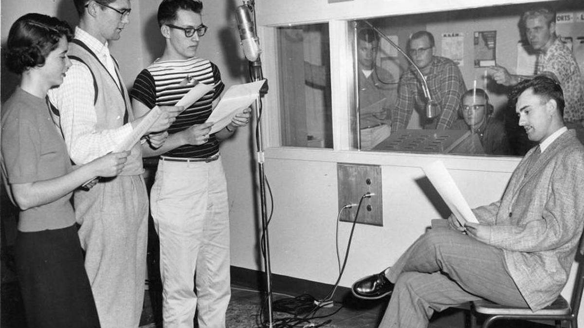 A scene from the early days of public radio at what is now Boise State University.