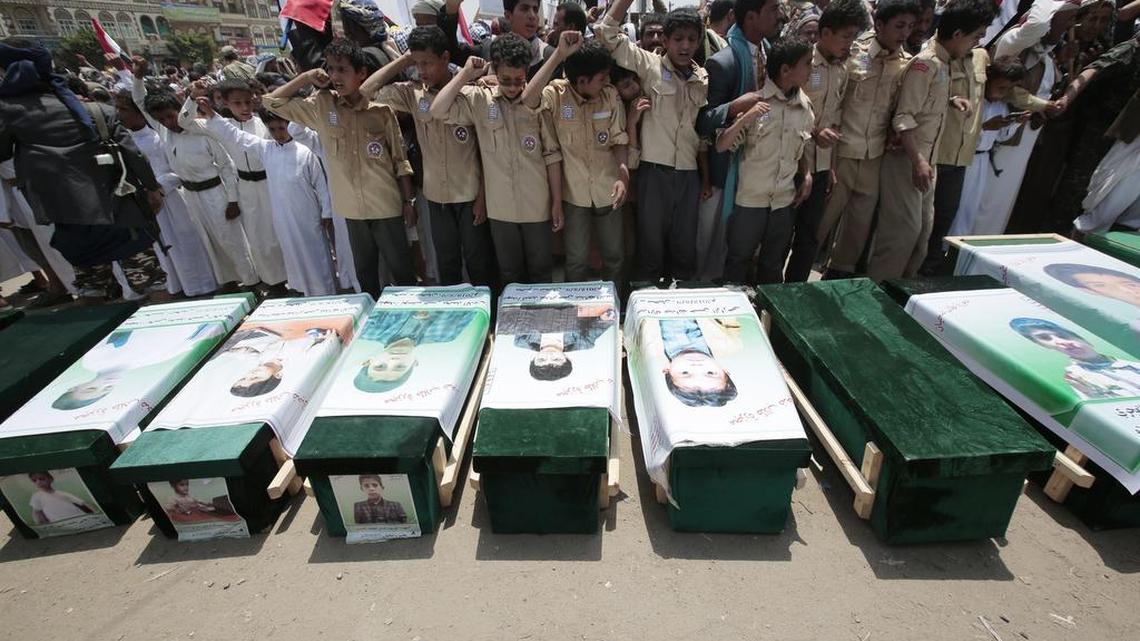 Yemeni people attend the funeral of victims of a Saudi-led airstrike in Saada last year. Nearly 100,000 people have been killed in Yemen’s civil war.