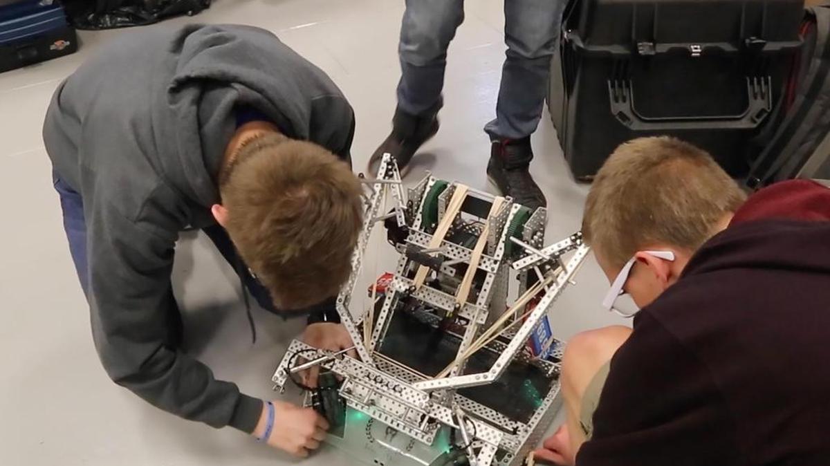 A team of engineering students at Caldwell High School work on a robot in Mrch 2017 in advance of the VEX Robotics World Championships.