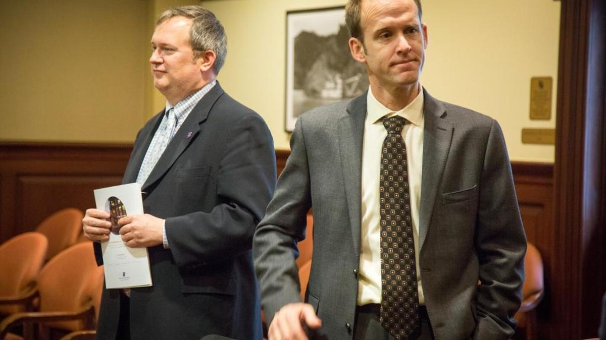 Justin Vaughn, director of the Center for Idaho History and Politics at Boise State University, left, and Corey Cook, dean of the School of Public Service, released the results of Boise State’s latest public policy survey Thursday.
