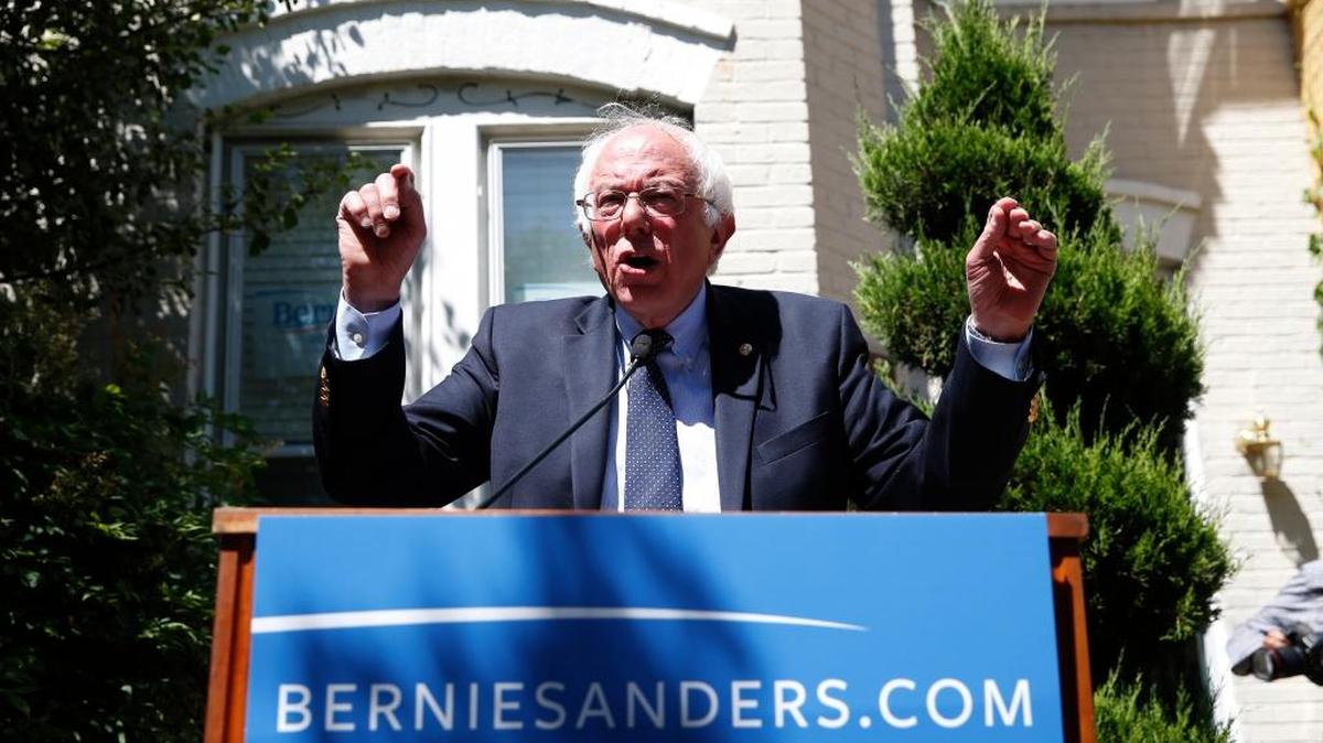 Democratic presidential candidate Sen. Bernie Sanders, I-Vt. speaks outside his campaign headquarters in Washington on June 14.