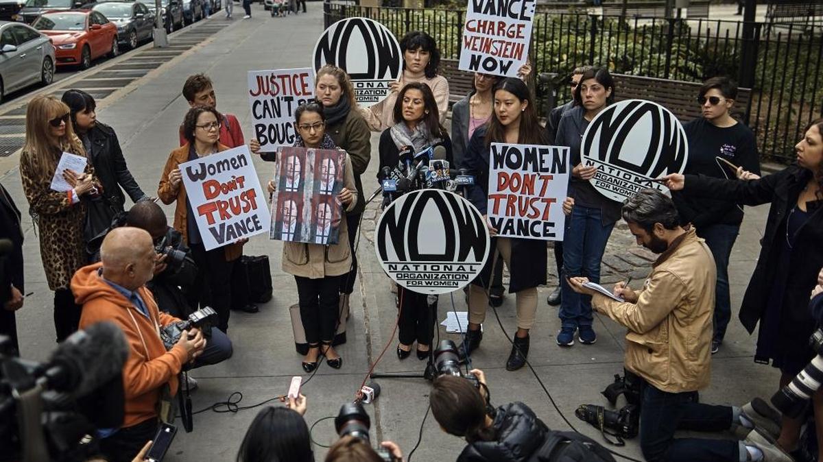 Sonia Osorio, president of NOW-NY, National Organization for Women, answers questions Oct. 13 outside the Manhattan District Attorney’s office protesting the decision not to prosecute Harvey Weinstein in connection with a 2015 incident.