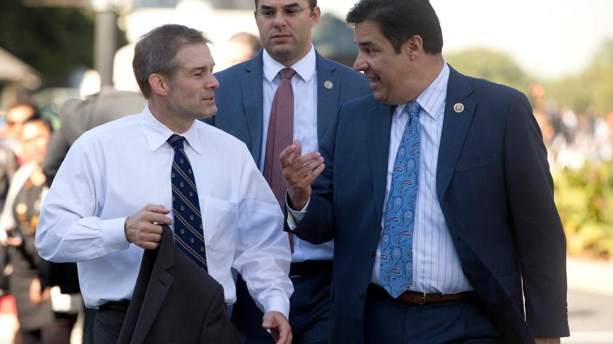 Chair of the Freedom Caucus Rep. Jim Jordan, R-Ohio, left, walks with fellow Freedom Caucus members, Rep. Justin Amash, R-Mich., center, and Rep. Raul Labrador, R-Idaho, right, from the Capitol to the Longworth House Office Building on Capitol Hill in Washington, in this October, 2015 photo. (AP)