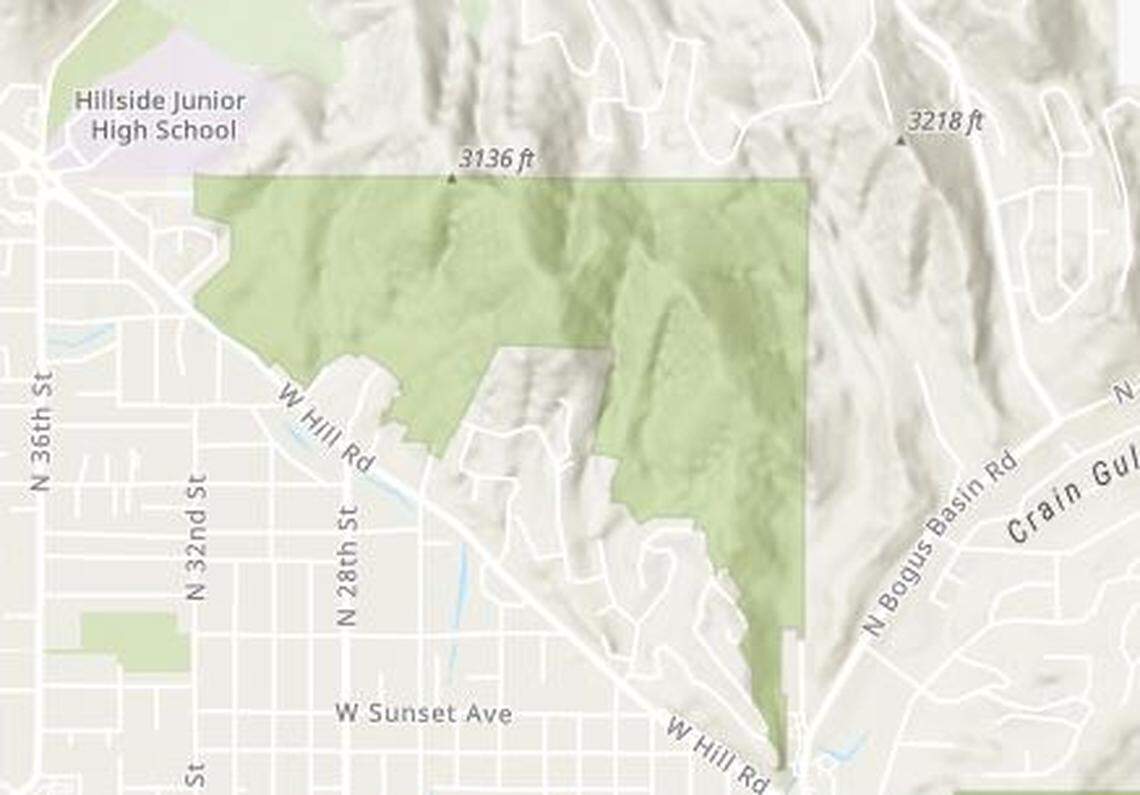 The shaded area shows the Hillside to Hollow Reserve. Bogus Basin Road is at right, Hill Road at bottom and left. The new trailhead is being built at the lowest most point of the reserve on this map, at bottom right.