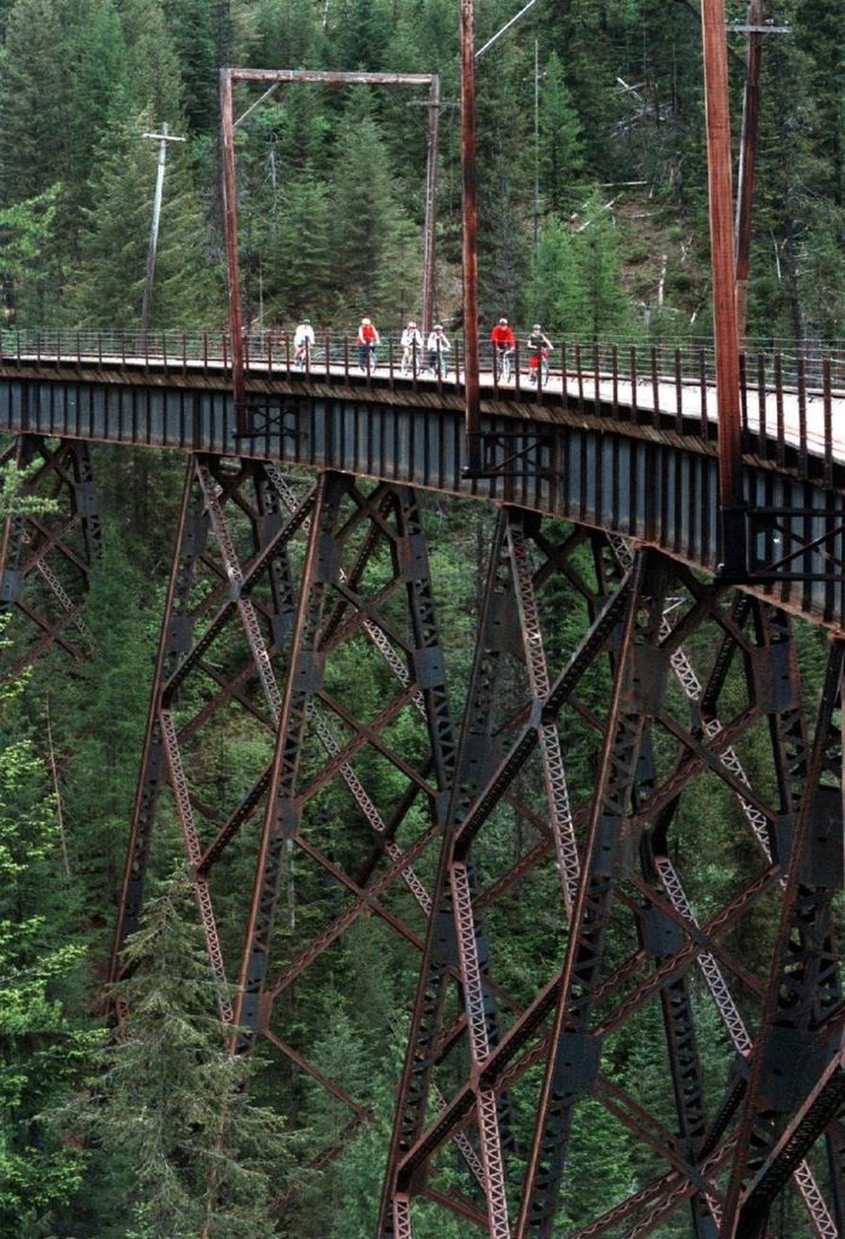 The Route of the Hiawatha rail trail takes bicyclists over 200-foot-high trestles.