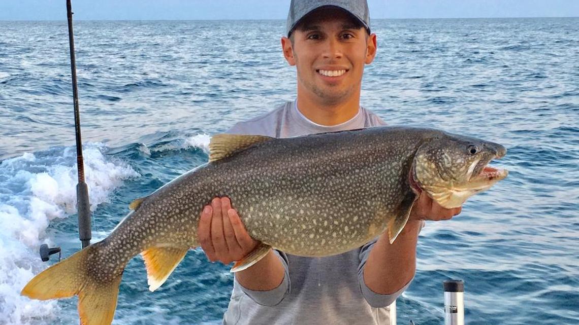 Next time you visit Chicago, try booking a fishing trip on Lake Michigan. You might hook into a monster like this Mackinaw trout, which was caught trolling in 130 feet of water.