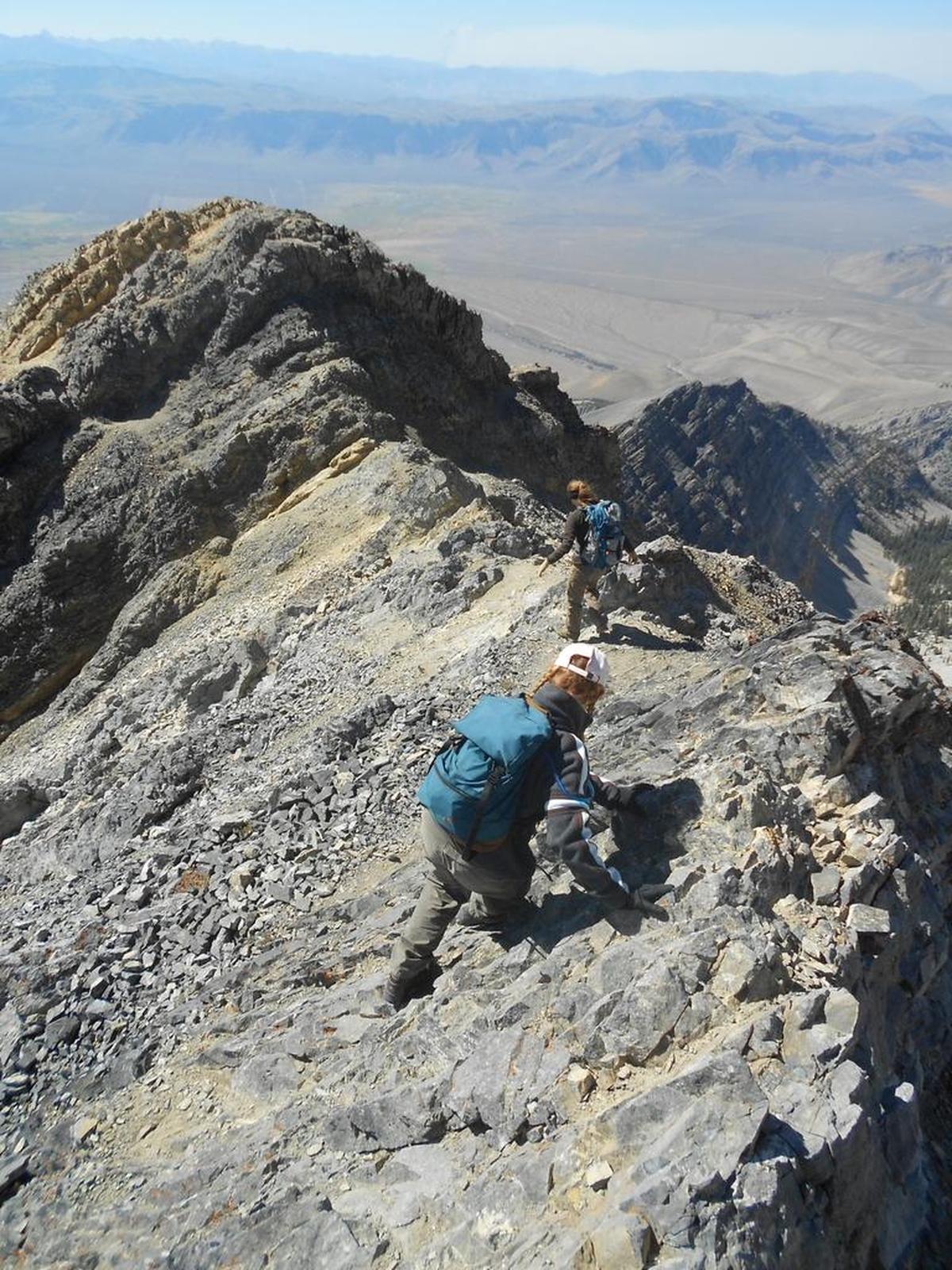 Climbers descend along Borah Peak’s Chickenout Ridge.