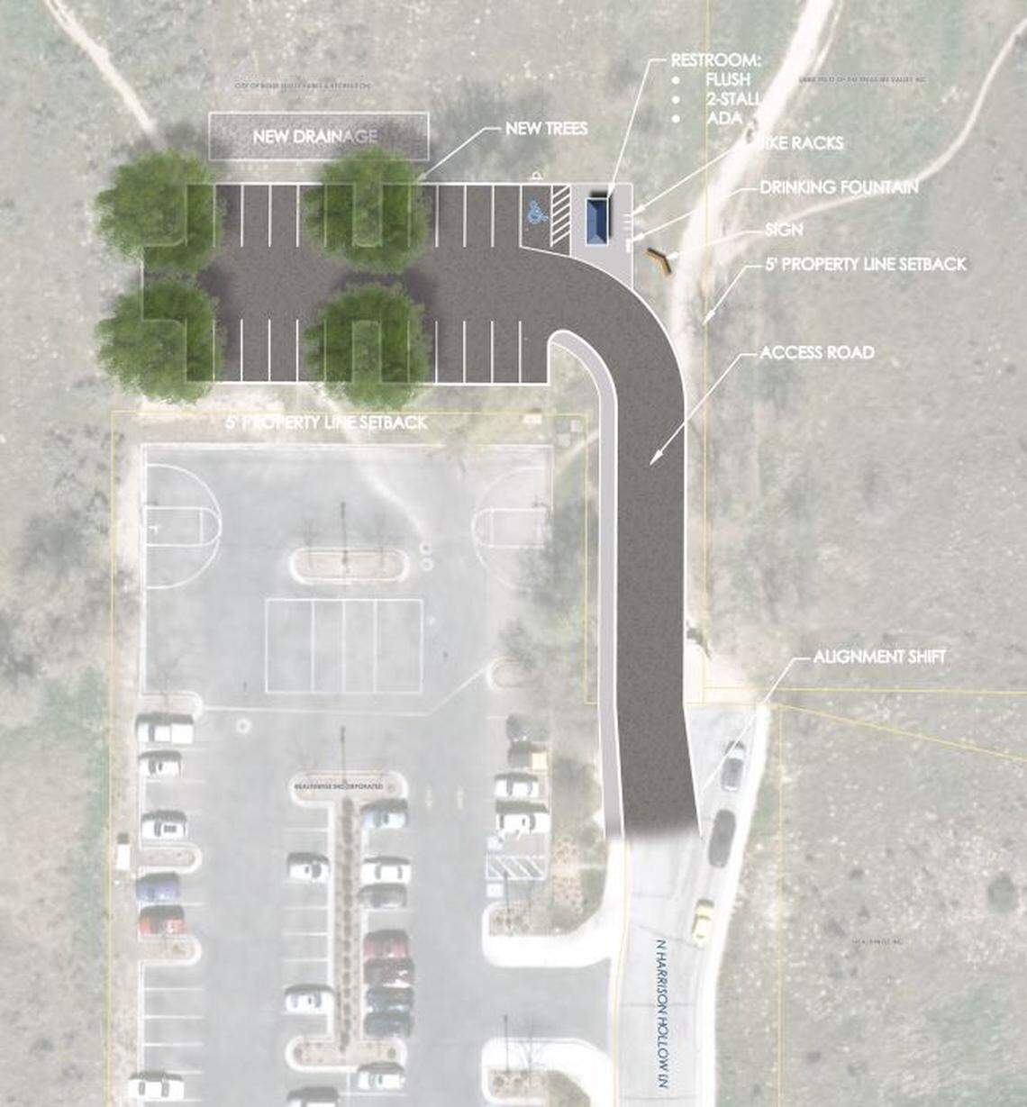 The trailhead the city of Boise is building in Harrison Hollow at the popular southeast entrance to the Hillside to Hollow Reserve. North Harrison Hollow Lane, lower right, will be extended into the trailhead’s 25-car parking lot. The existing parking lot serves Healthwise Inc., whose headquarters is across the lane just below the lower right corner of this image.