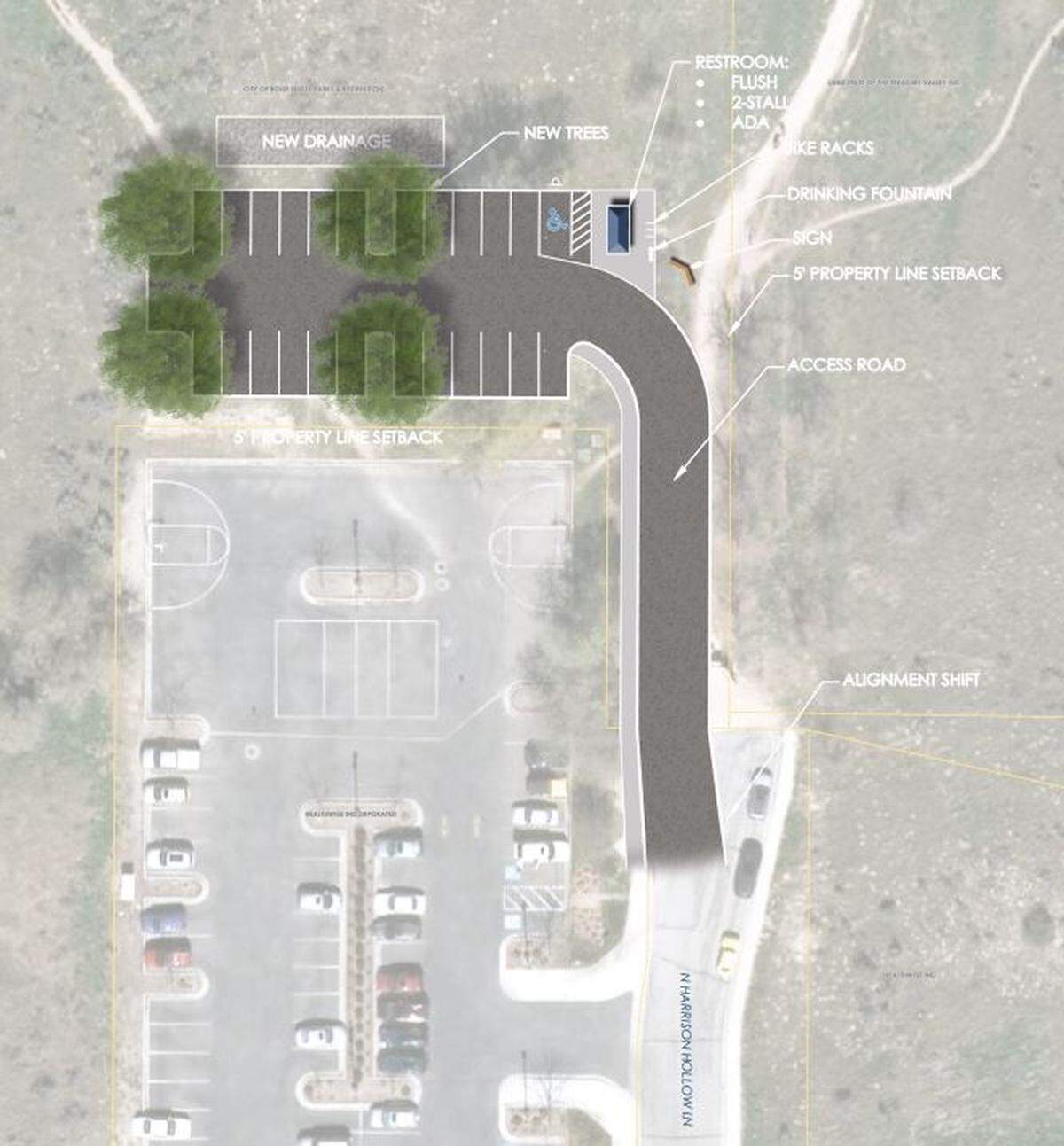 The trailhead the city of Boise is building in Harrison Hollow at the popular southeast entrance to the Hillside to Hollow Reserve. North Harrison Hollow Lane, lower right, will be extended into the trailhead’s 25-car parking lot. The existing parking lot serves Healthwise Inc., whose headquarters is across the lane just below the lower right corner of this image.