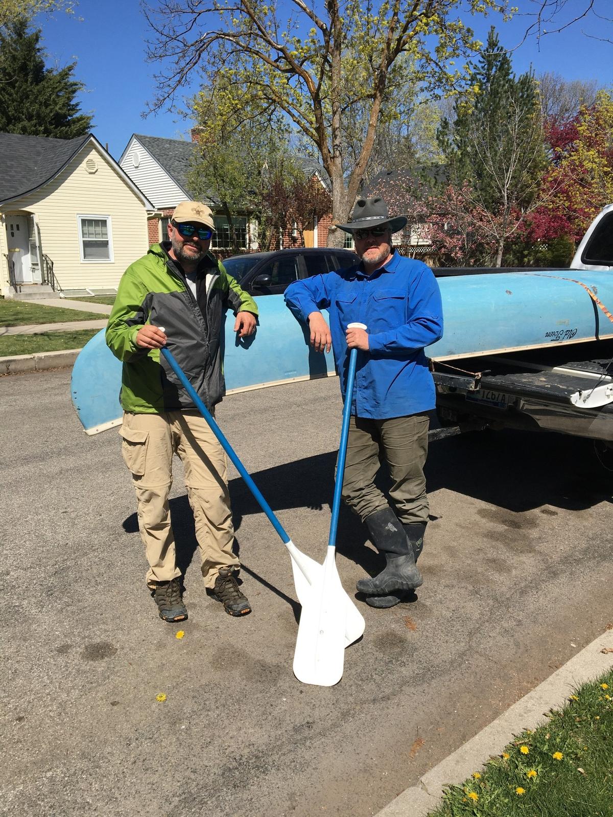 The adventurers return on Saturday, April 17. The author, left, and Josh Lunn rest on “Old Blue,” the trusty 1975 Old Town canoe that did not flip once on the 206-mile journey on the Snake River Water Trail, from Glenns Ferry, Idaho, to Farewell Bend State Park, Oregon.