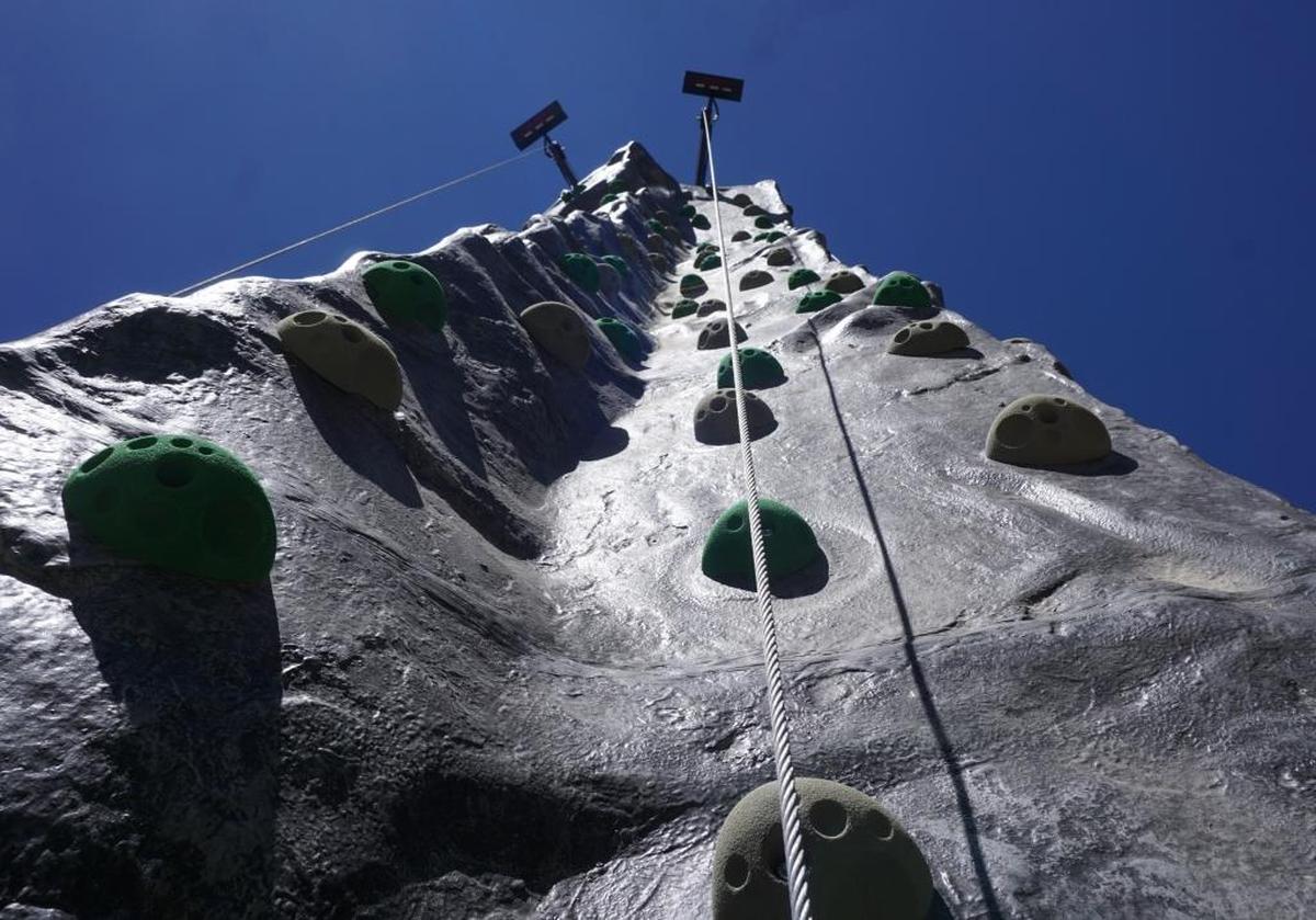 The 32-foot rock-climbing wall features timers for the two interior lanes.