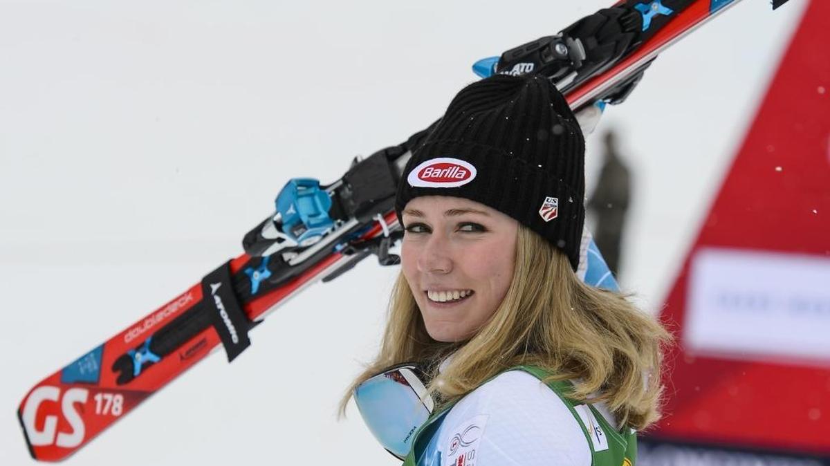 Winner Mikaela Shiffrin of the U.S. celebrates during the podium ceremony of the women’s slalom race at the FIS Alpine Ski World Cup in Crans-Montana, Switzerland, on Feb. 15, 2016.