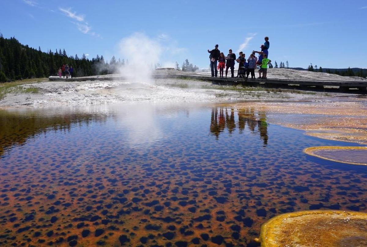 The geyser basin at Old Faithful in Yellowstone National Park attracts thousands of visitors a day in the summer.
