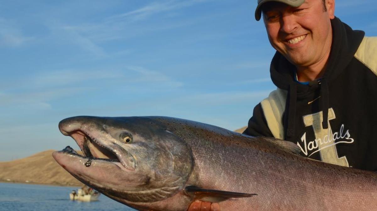 Stuart Rosenberger of Boise holds a chinook salmon from the Snake River.