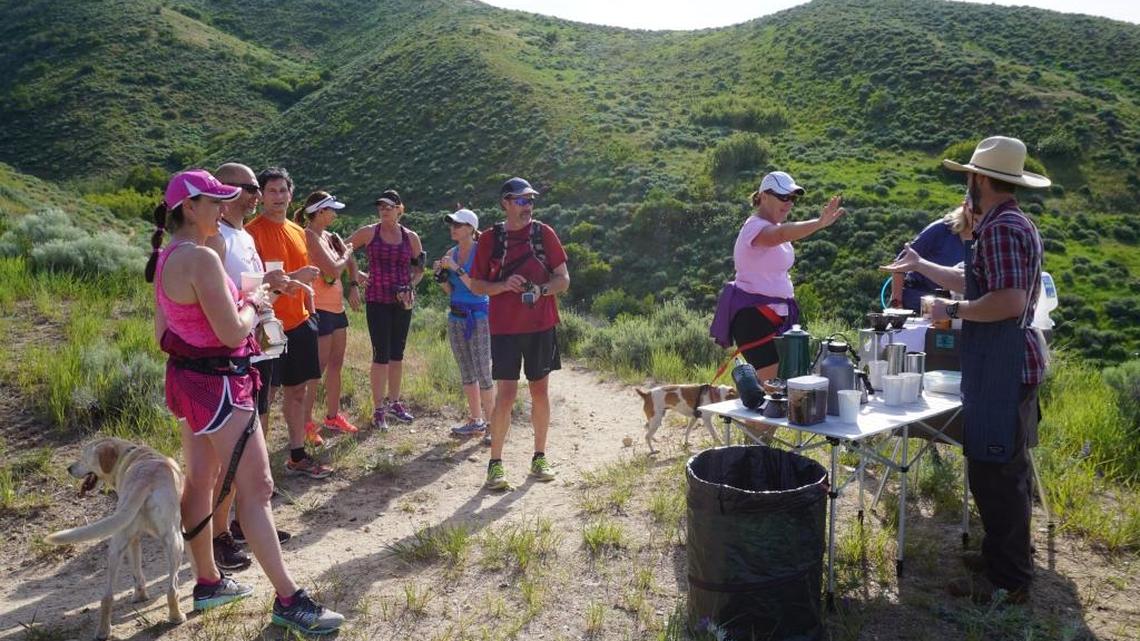 9:26 a.m. A group of 25 runners and hikers passed through the coffee stand. They were spread out but a large group gathered to chat.