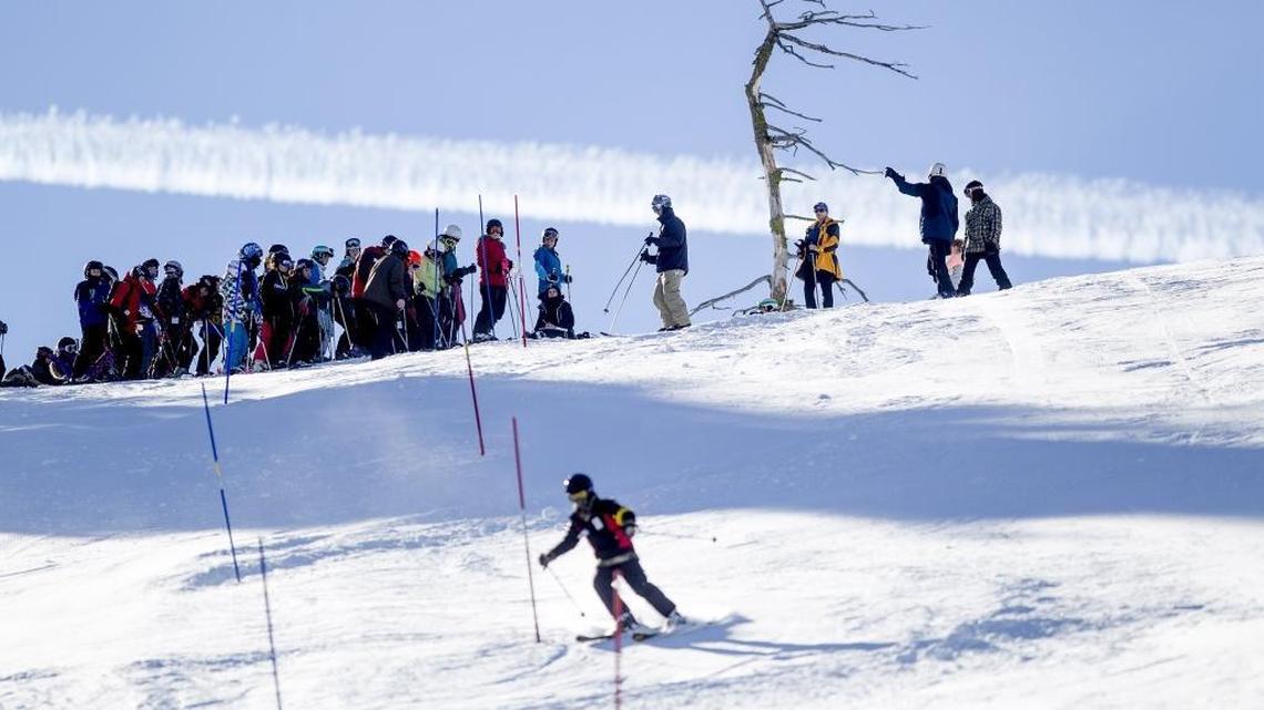 A racer makes his way down the mountain during a middle school intermediate heat at Bogus Basin Mountain Recreation Area.