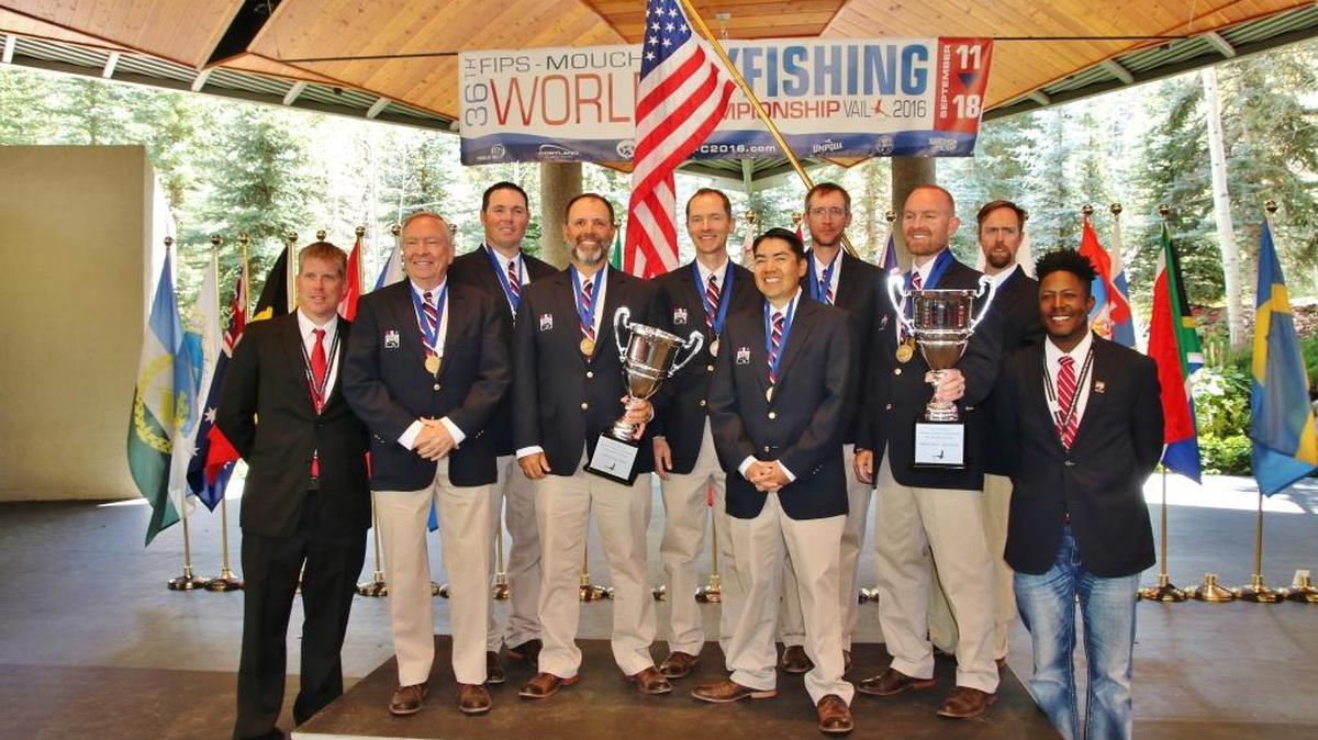 The U.S. fly fishing team has finished on the podium at the past two world championships with Boise’s Bret Bishop (fourth from left) as captain.