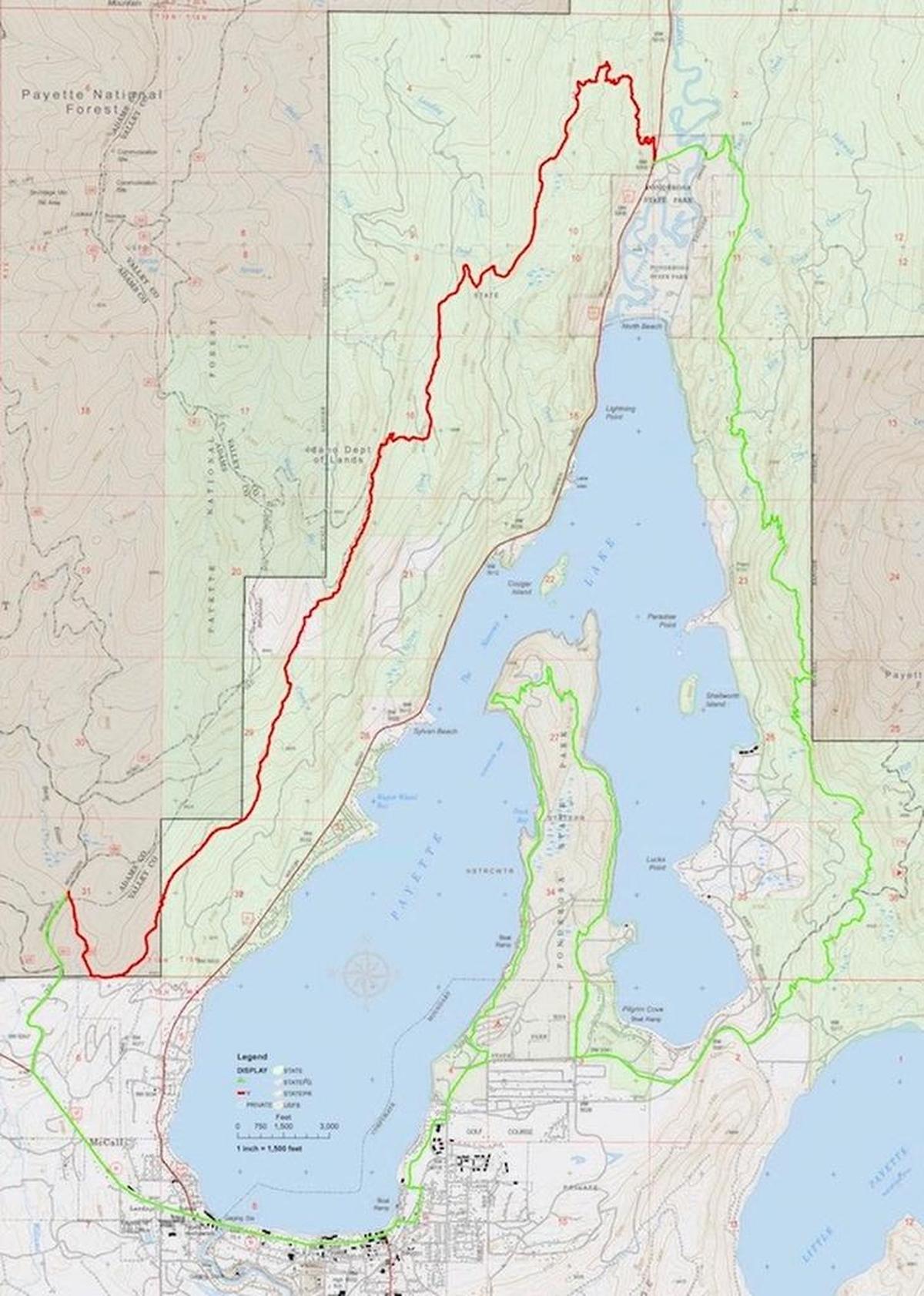 The Payette Lake Trail will go all the way around the lake. The red portion represents phase one construction.