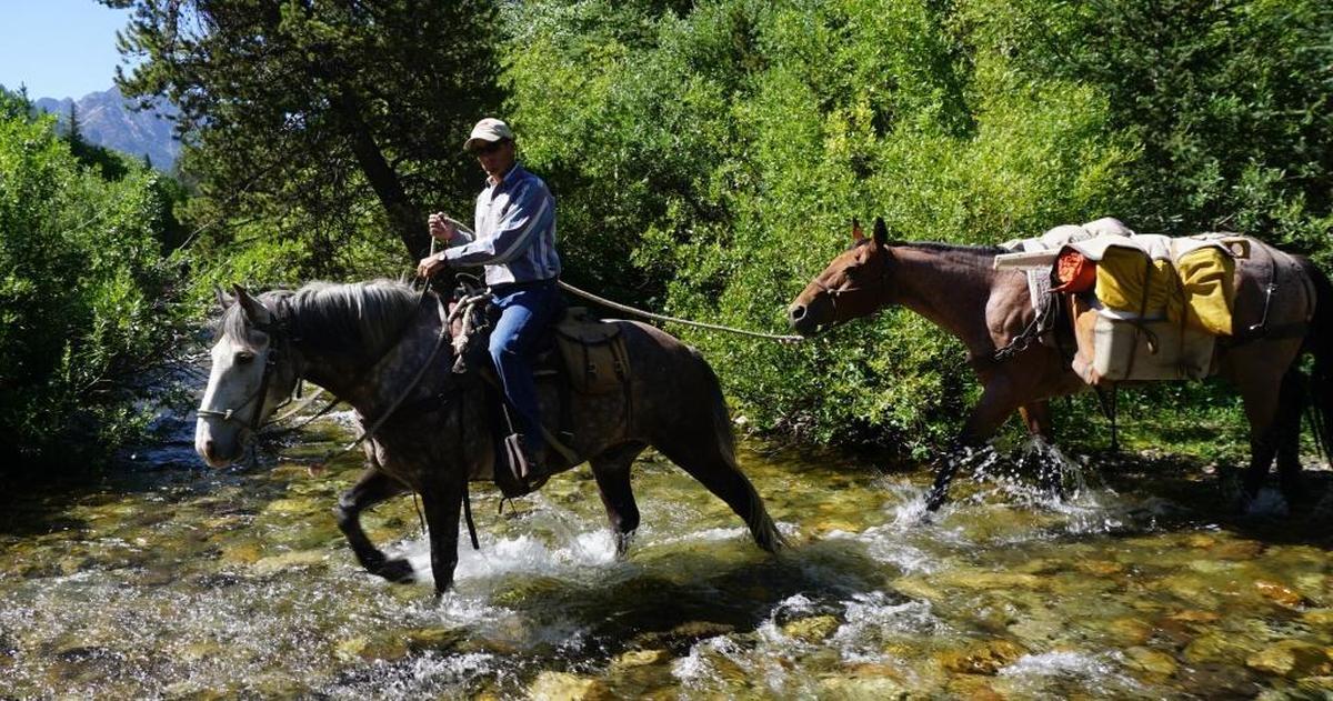 Outfitter Michael Scott leads his horses across the creek at the beginning of the West Pass Creek trail.