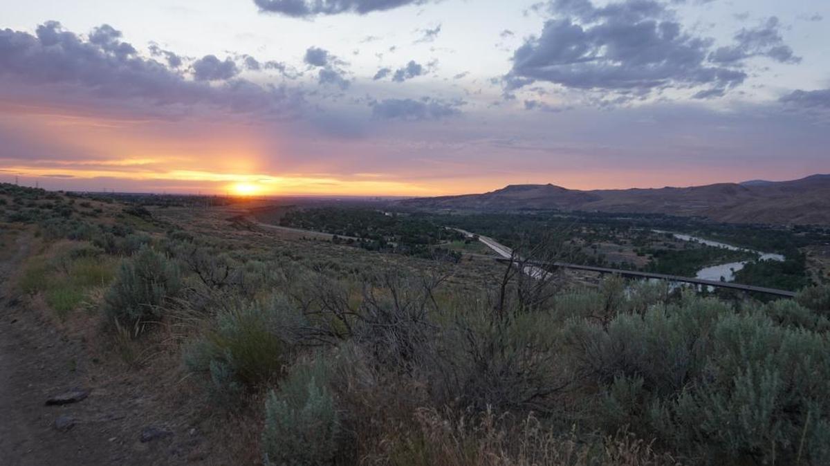 The Oregon Trail Recreation Area features picturesque views of the Boise River valley and stunning sunsets.