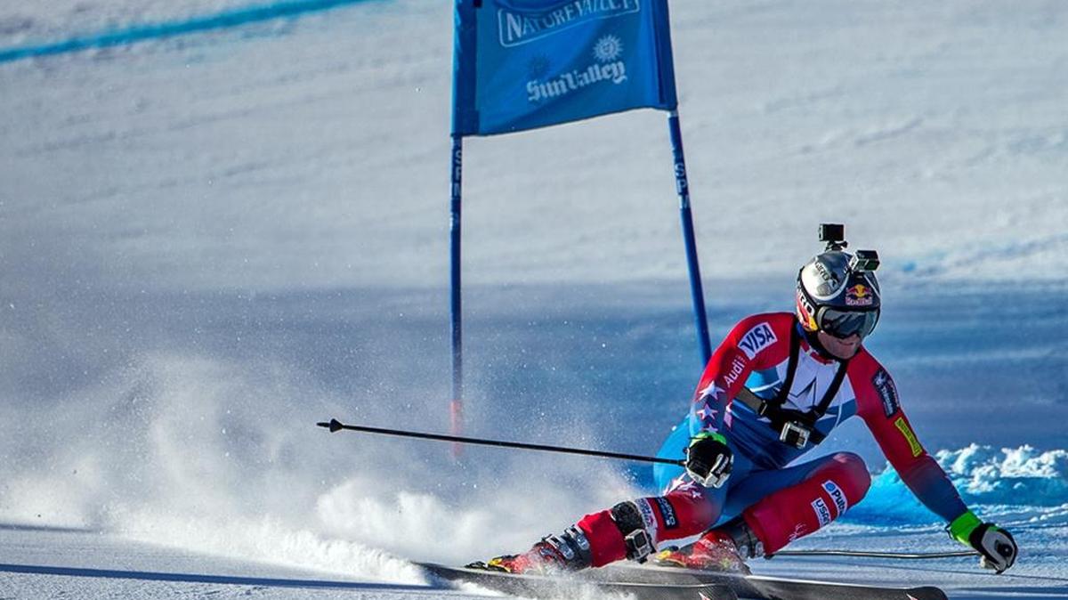 Daron Rahlves skis with four GoPro cameras on the women’s super G course at the U.S. Alpine Championships at Sun Valley Resort.