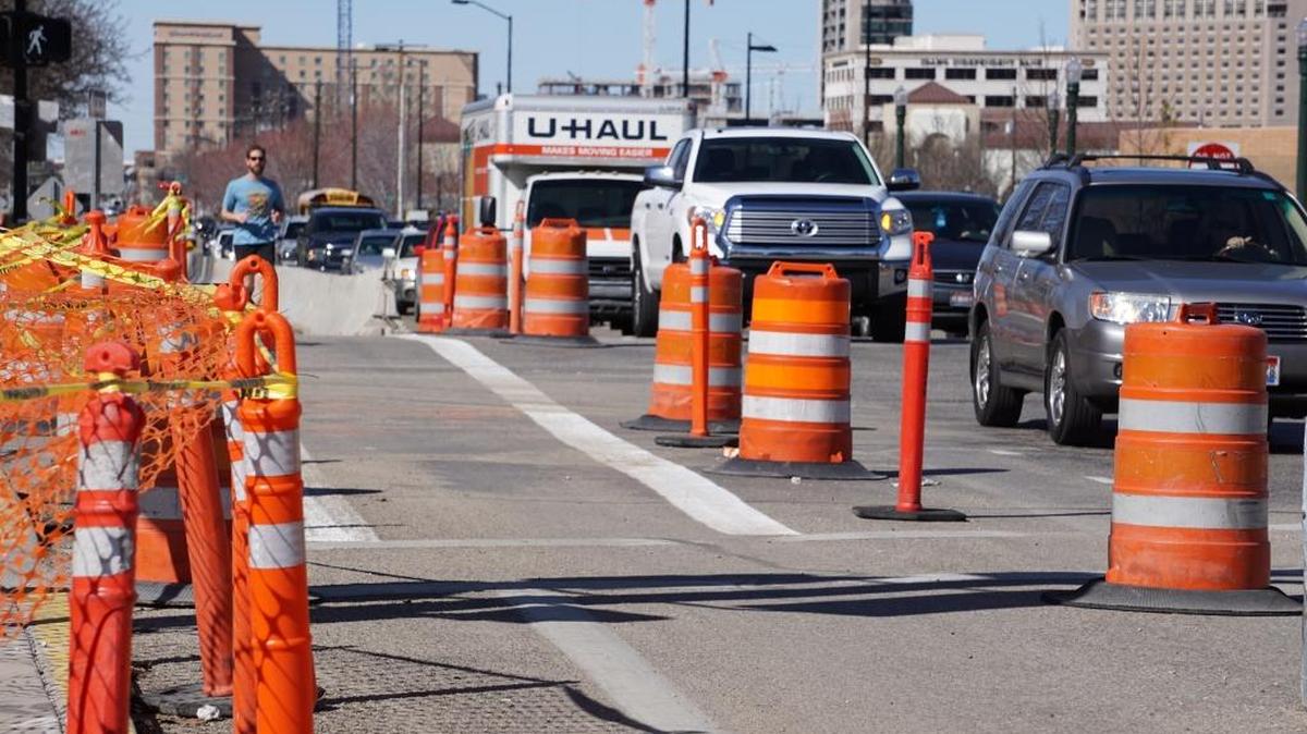 The Greenbelt detour around the Broadway bridge construction takes pedestrians and cyclists through the intersection with Myrtle. Large cones were added in the past week to create a clearer separation between the detour and the roadway.