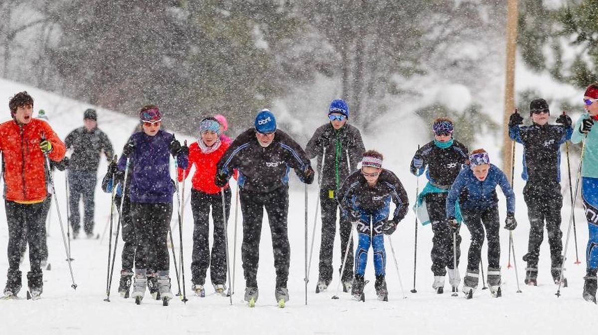 Bogus Basin Nordic Team coach Eric Reynolds, center, leads the team in a practice. The ski area north of Boise has programs and lessons available that cater to first-timers.