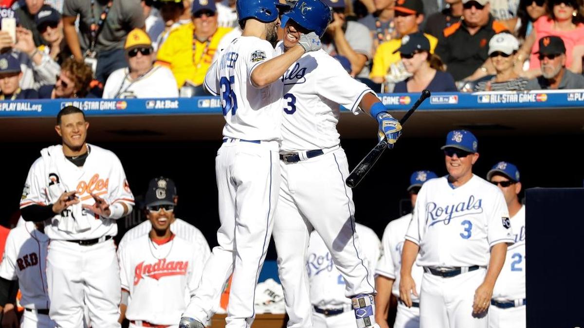American League and Kansas City Royals teammates Eric Hosmer, left, and Salvadore Perez greet after hitting a home run against the National League during the second inning.