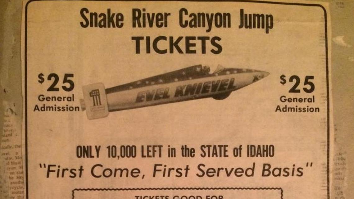 An advertisment in the Twin Falls Times-News, promoting Evel Knievel’s jump. The cutout is a part of Marcus Prater’s scrapbook on Evel Knievel.